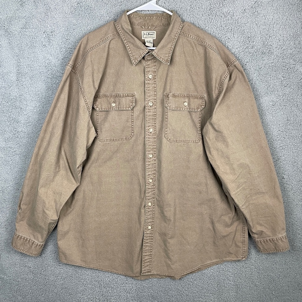 LL BEAN Button Up Shirt Mens XXL -Tall Chambray Brown Workwear L/S Collared